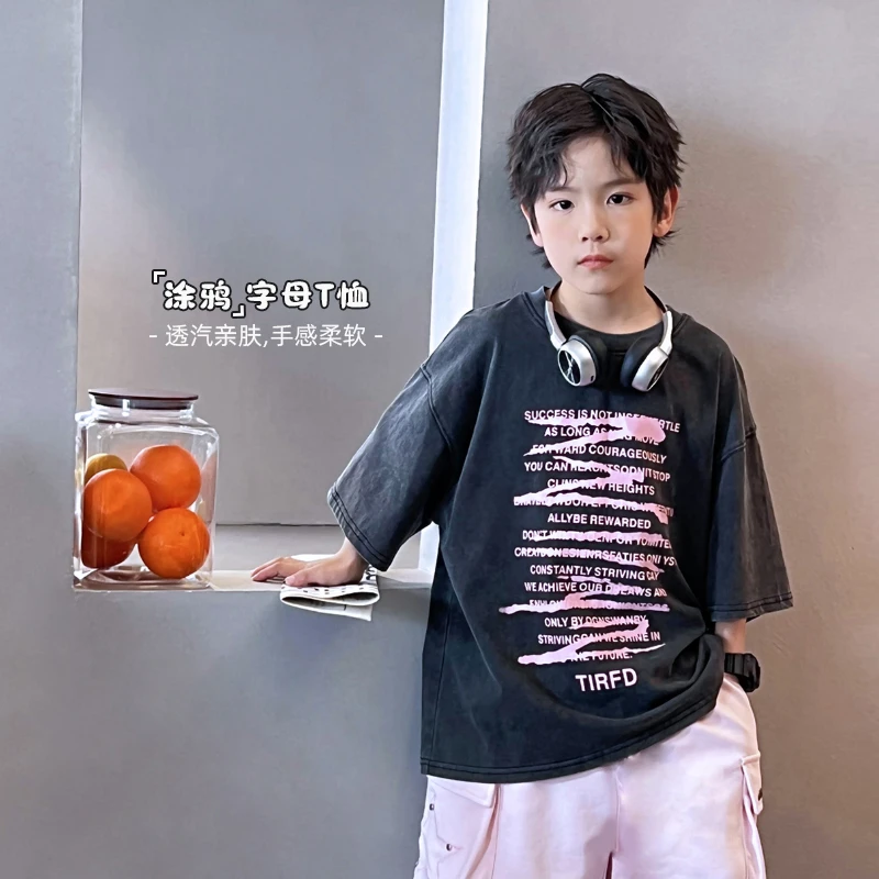 涂鸦字母儿童T恤宽松中大童时尚男童夏季亲肤印花休闲5046897O6