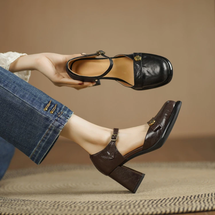 里外纯皮～羊皮7cm圆头高跟山茶花复古舒适玛丽珍浅口单鞋夏季粗跟
