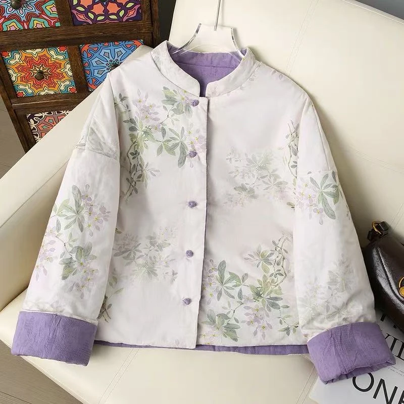 新中式双面穿棉衣棉服女秋冬新款宽松保暖气质国风印花棉袄立领