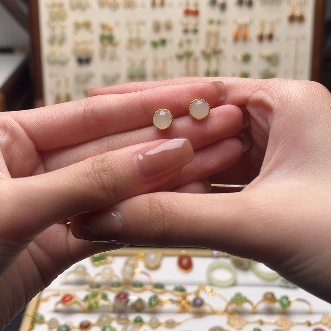 和田玉银S925镀金镶嵌耳饰