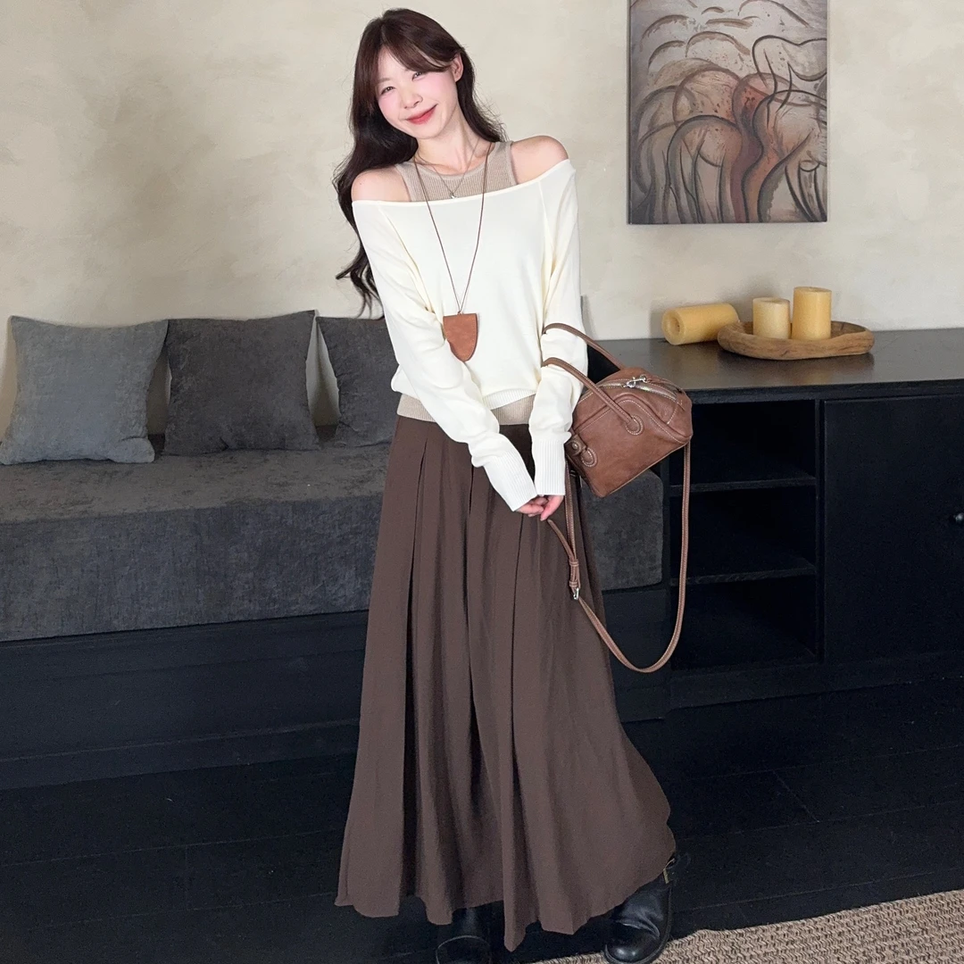 2025大码秋季新款高级感叠穿真两件一字肩背心套装＋显瘦半身裙女