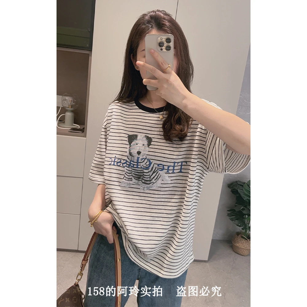 【阿玲实拍】 雪花棉圆领条纹T恤女2025夏季新款卡通印花宽松短袖