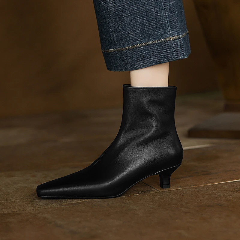 4.5cm秋冬新款猫跟裸靴小方头百搭细跟短靴秋冬新款高跟瘦瘦靴子