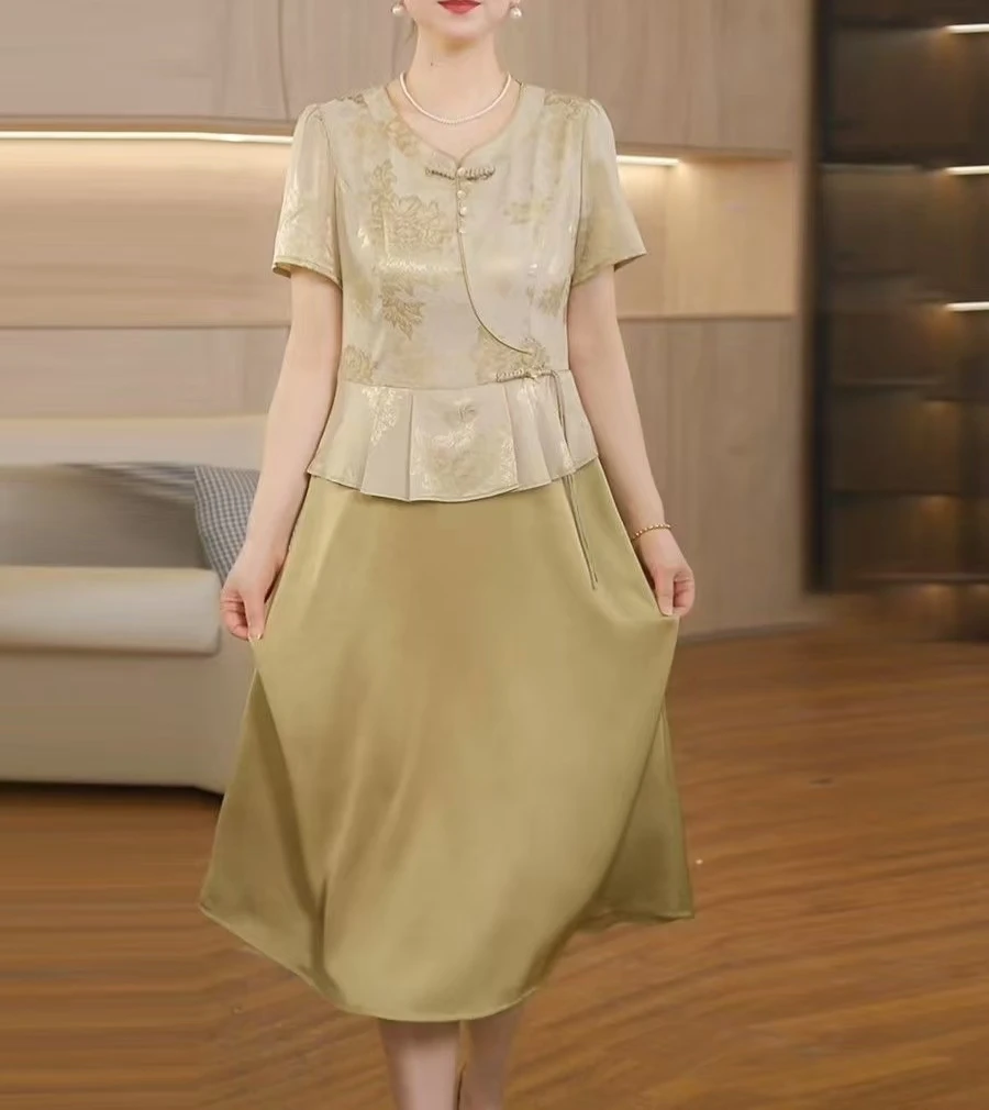 中老年妈妈装新中式假两件连衣裙2025年夏季新款中年女短袖长裙子