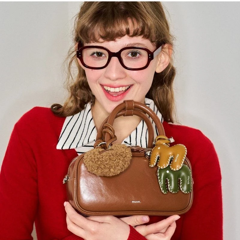 赵昭仪同款MUVA原创波士顿手提包红色包包通勤真皮斜挎包女士包包