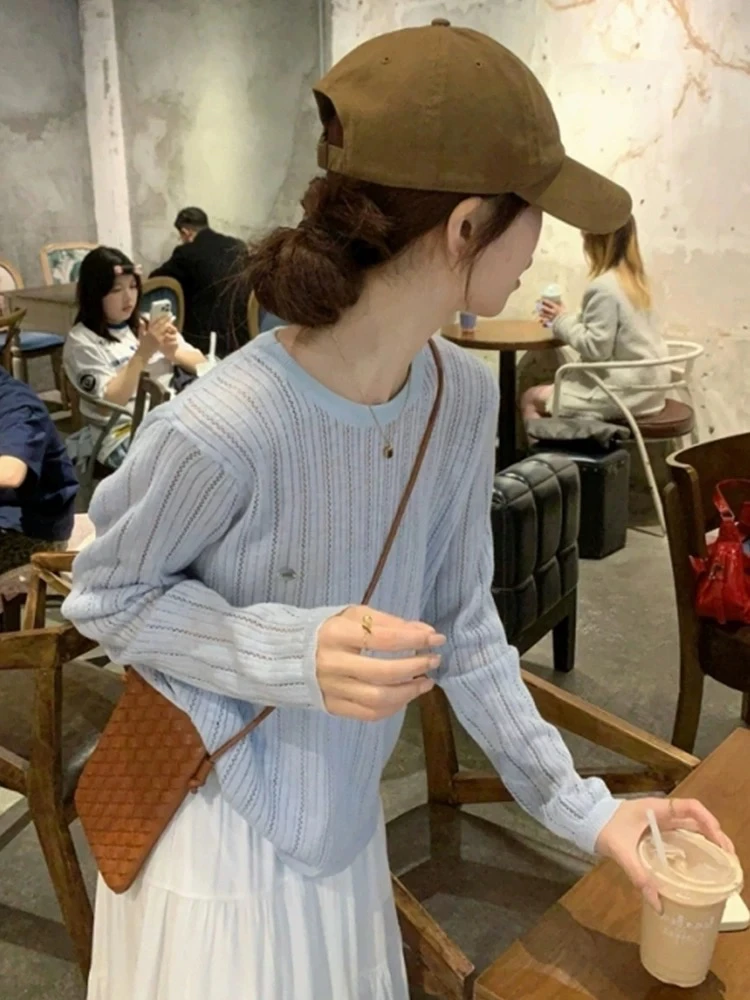 贝壳款简约通勤镂空毛针织衫打底衫长袖韩版