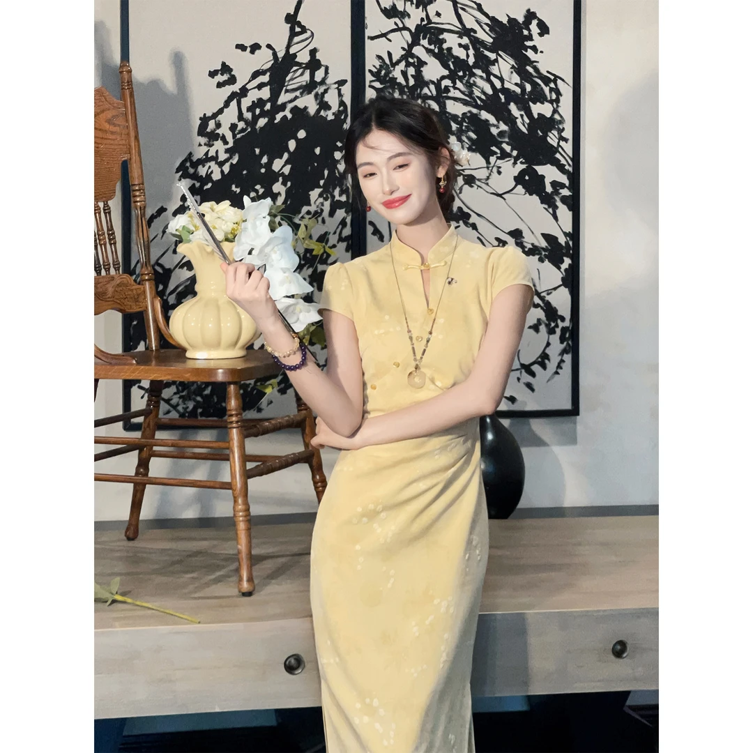 凌茜恣禾【如初】国风新中式黄蓝竹叶底纹梅花连衣裙优雅气质旗袍裙