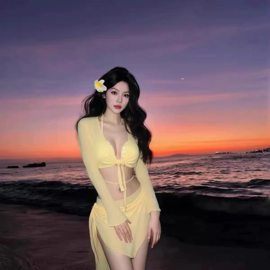 女士分体长袖泳衣纯欲小胸度假海边温泉泳装h110