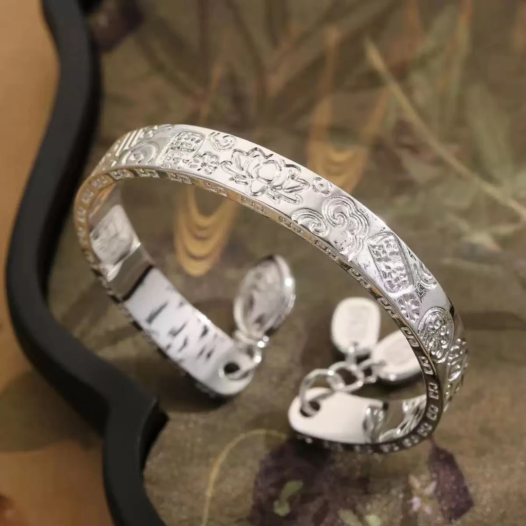 手链 256黄财神招财纳福实心錾刻莲花满圈吉言手环开口可调节