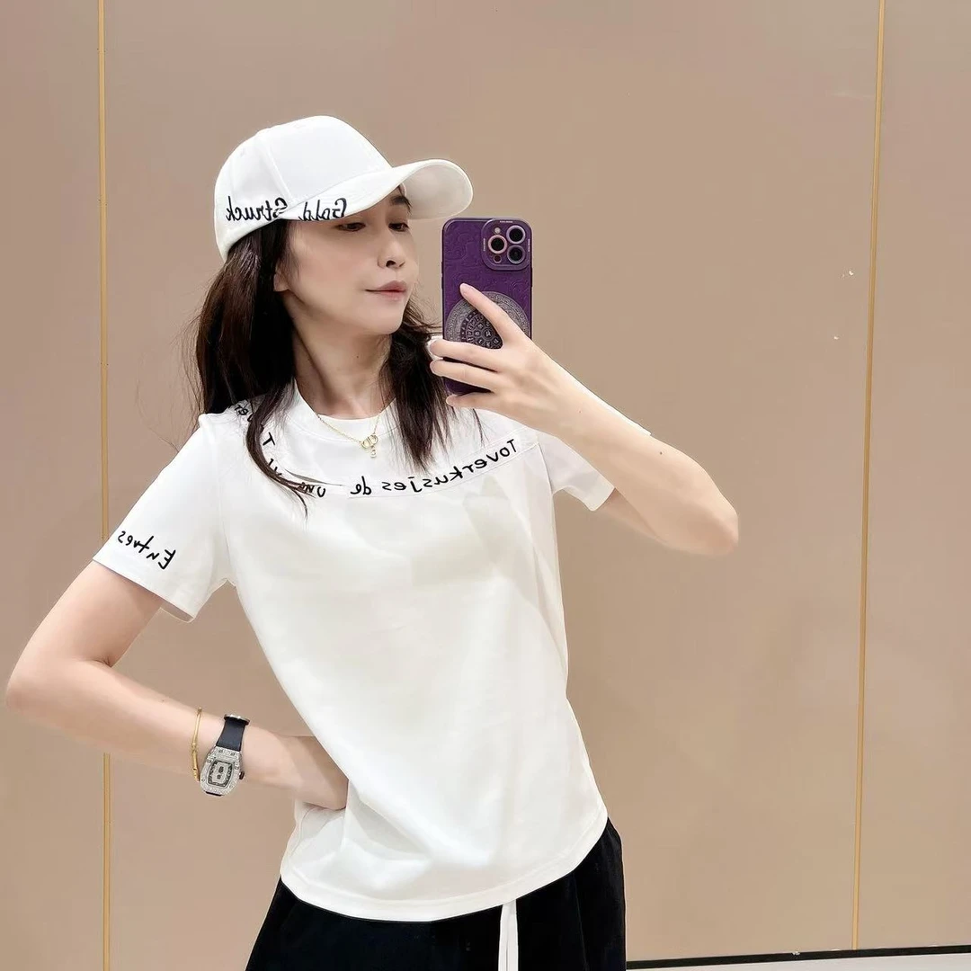 新款宽松版型短袖506184显瘦洋气休闲体恤半袖t恤圆领纯棉女款