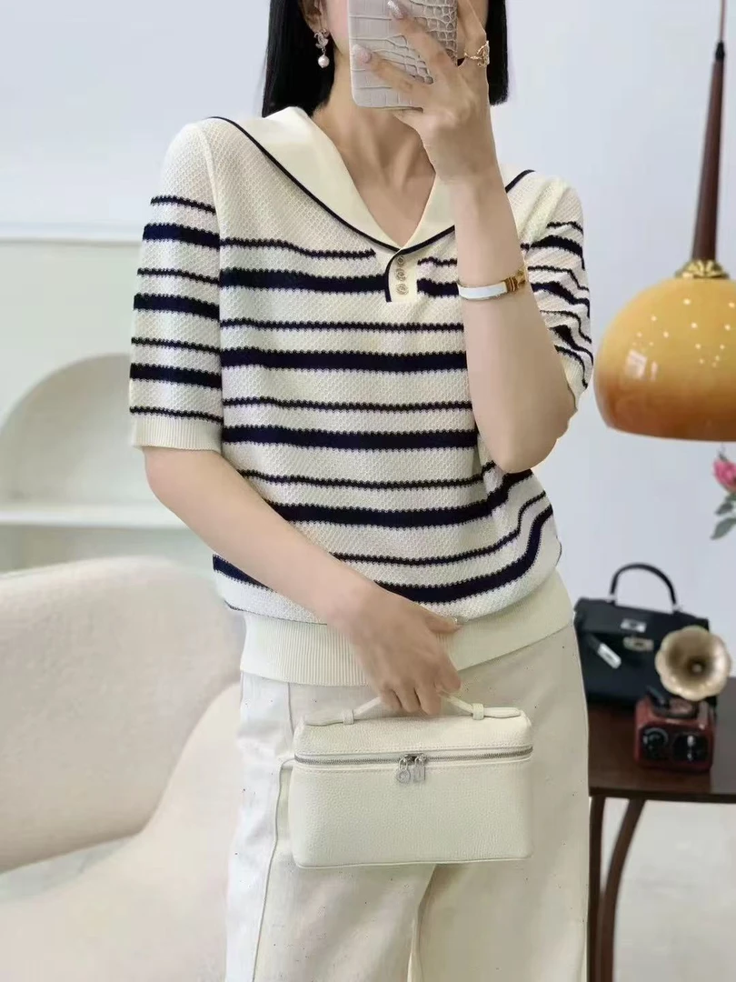 宽松显瘦【80-160斤】冰丝短袖女海军领高级百搭2025夏季上衣女装