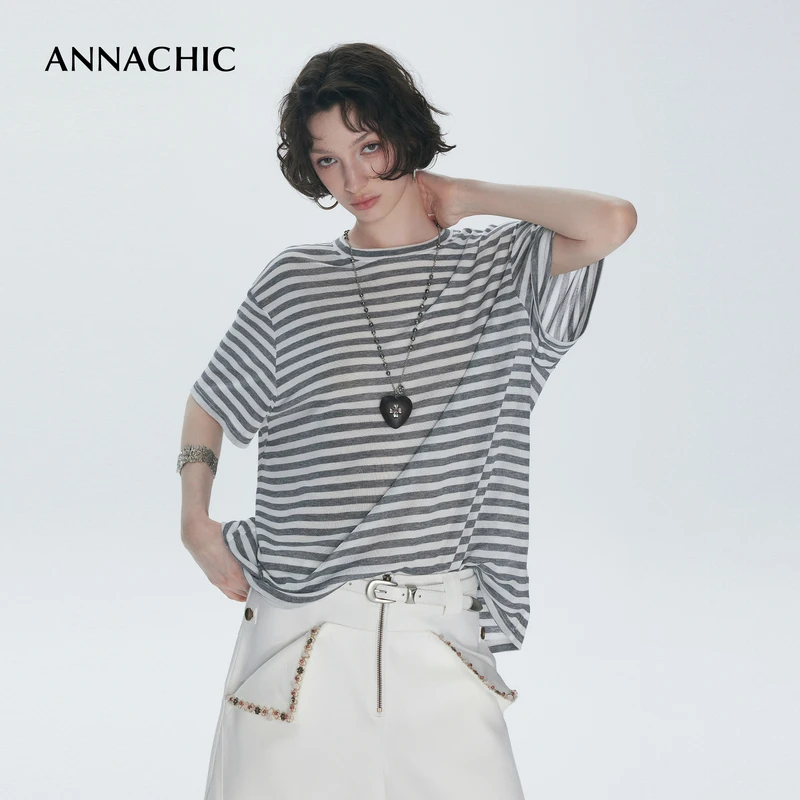 ANNACHIC慵懒周末_经典黑白条纹短袖T恤女_裸感天丝_松弛宽松上衣