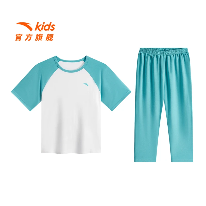 安踏儿童男童针织套装2025春季新款舒适透气青少年家居服短袖长裤