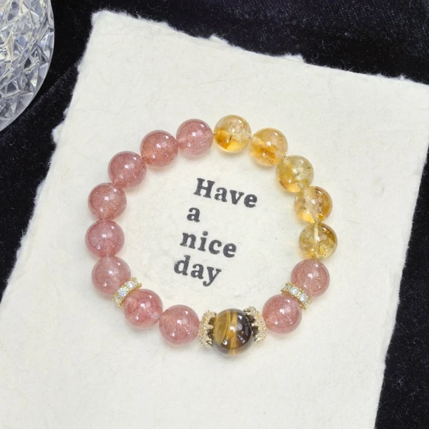 天然 卡10咪 草莓晶 黄塔晶 黄虎眼 原创手串