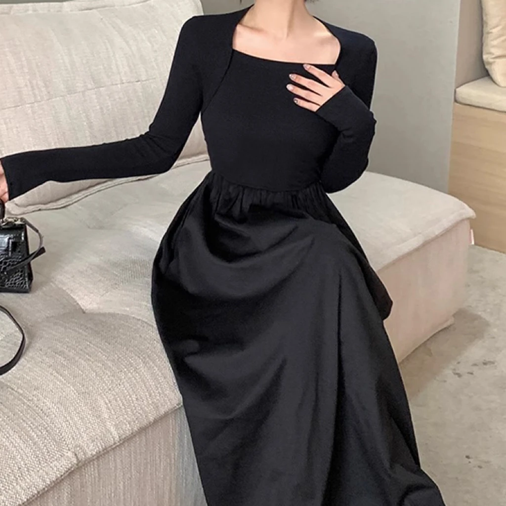 2025年小个子新款黑色方领长袖连衣裙春夏气质收腰显瘦内搭长裙女