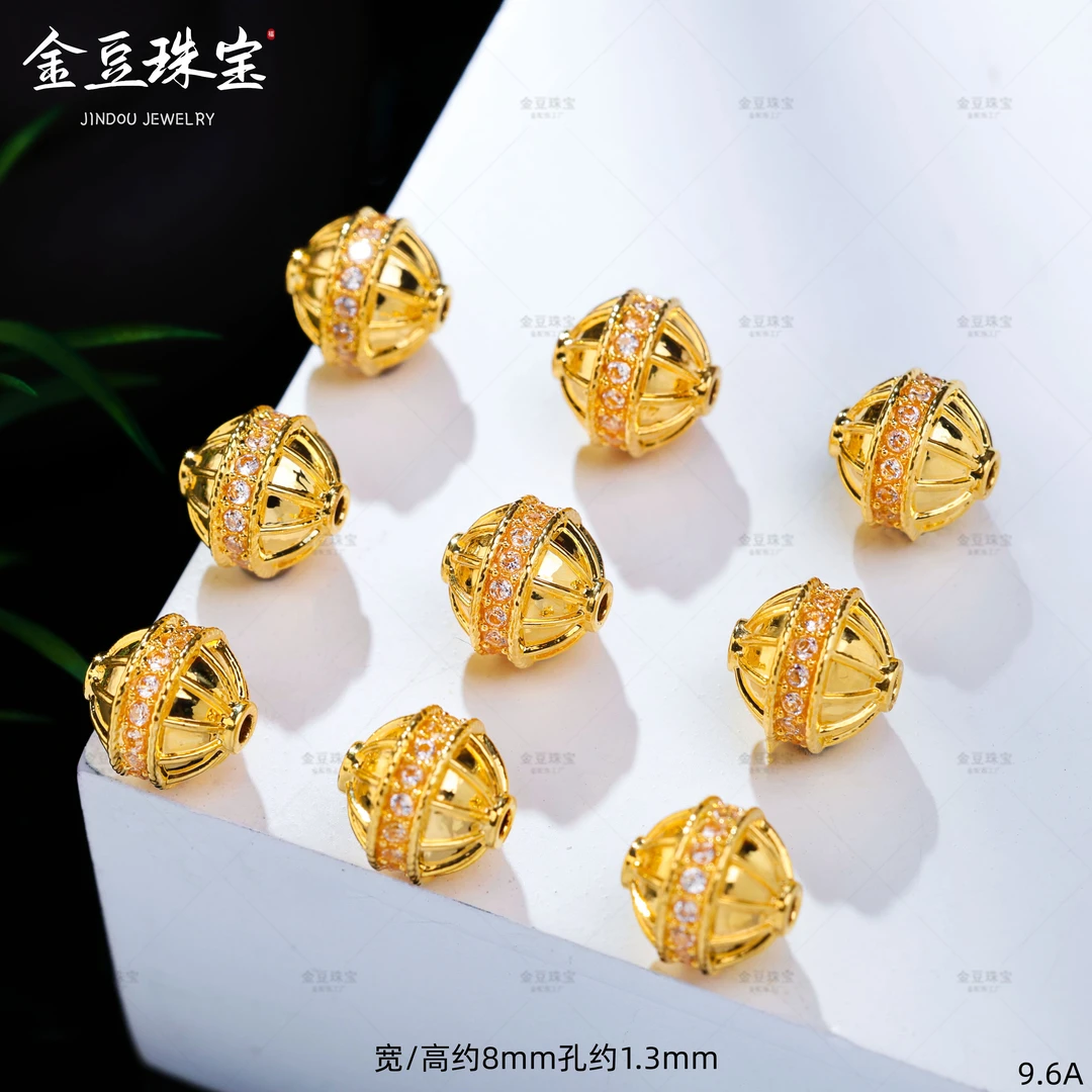【金豆工厂】18K金豪镶7.5mm金腰带灯笼隔珠圆珠(厚5D金)A