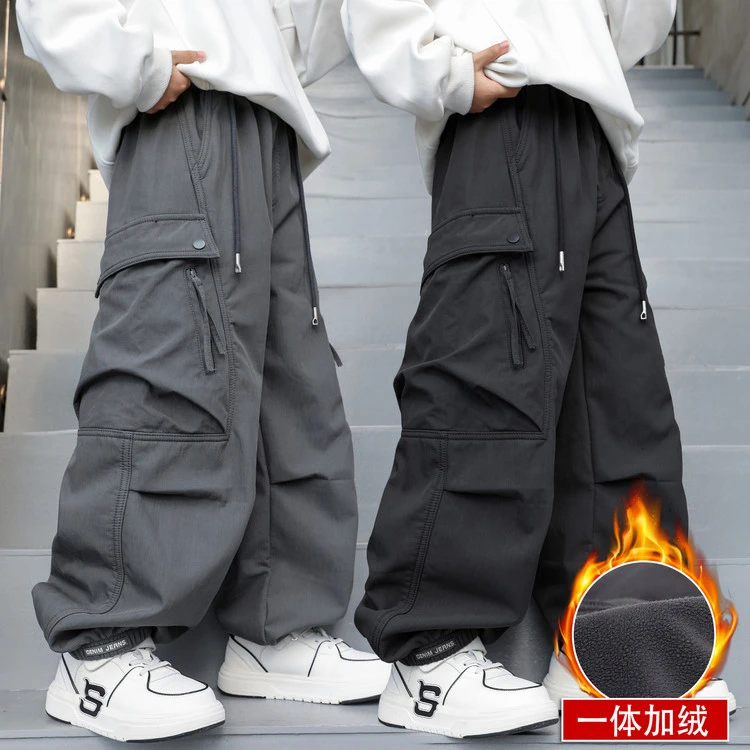 男童裤子秋冬款加绒12岁15中大童痞帅酷厚休闲裤儿童一体绒工装裤