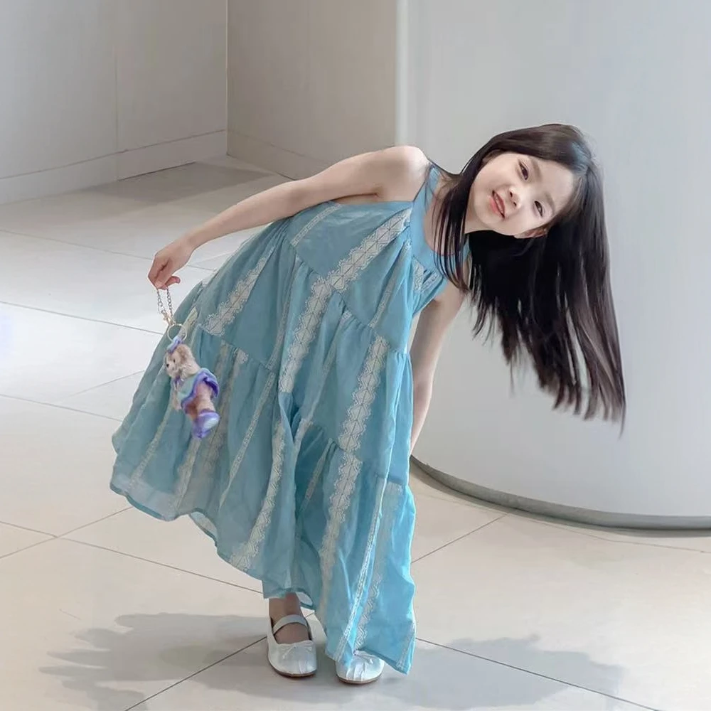 现货女童连衣裙夏季2025新款小女孩夏装洋气时髦长款蛋糕裙背心裙