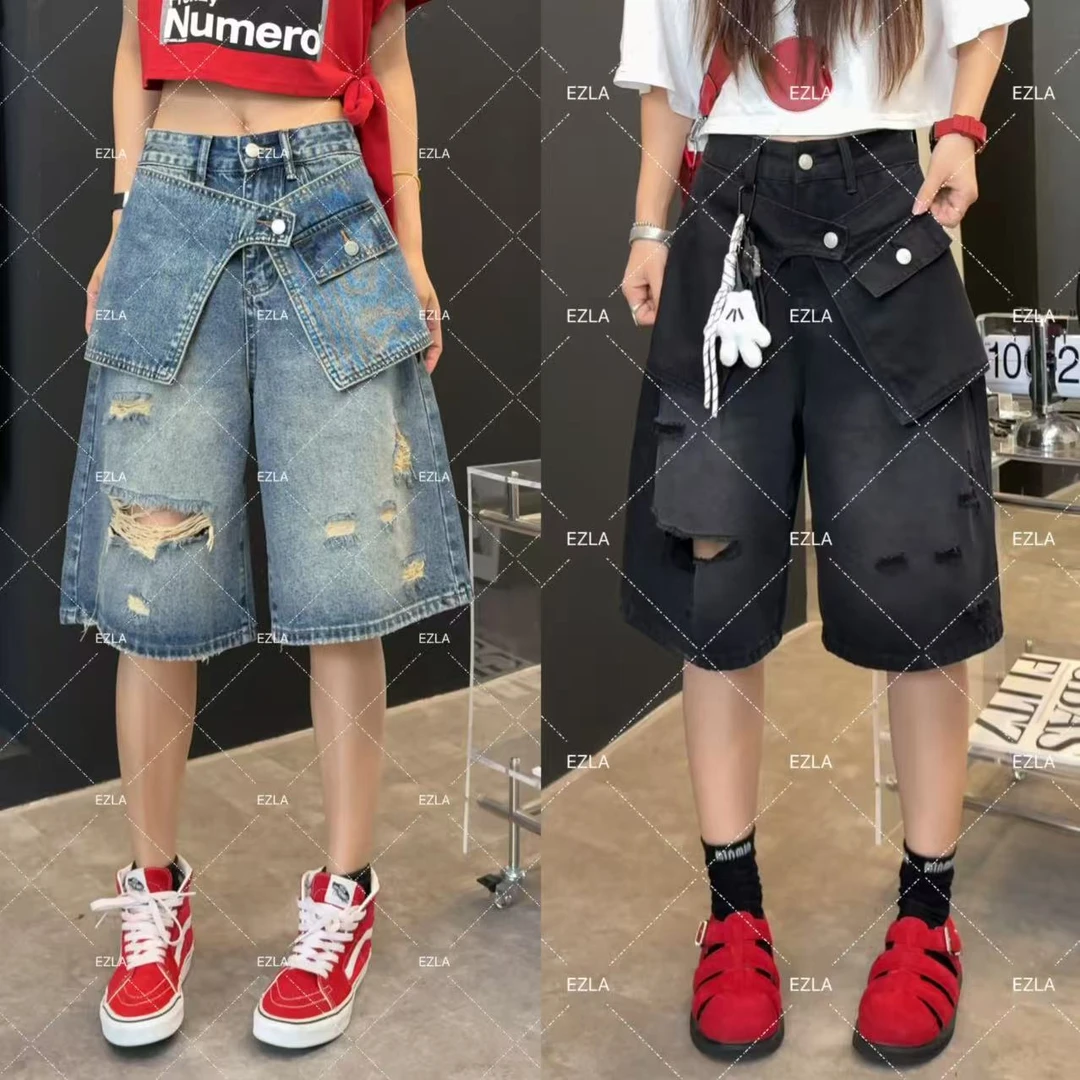 EZ8733 夏季新款马鞍设计短裤显瘦无弹水洗软牛仔六分裤休闲百搭