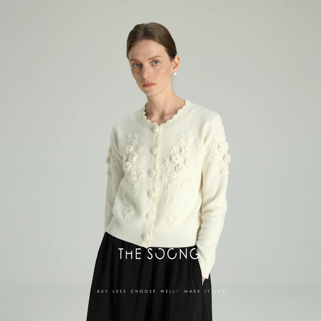 THESOONG|25s’惬意逢春"1oo%绵羊毛手工立体钩花蕾丝领外套MY6141