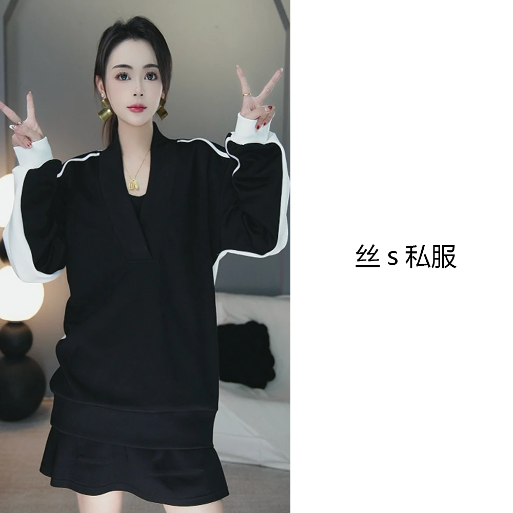 丝s私服【黑白配】V领设计感长袖拼色休闲时尚小众卫衣F2325