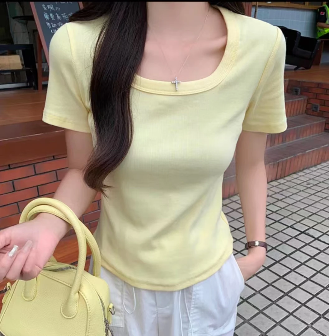 2553纯色修身女T恤方领短袖夏季常规款洋气短款显瘦T恤