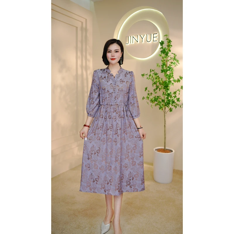 【千姿艳】5729新款小立领紫罗兰花气质收腰显瘦时尚女装连衣裙