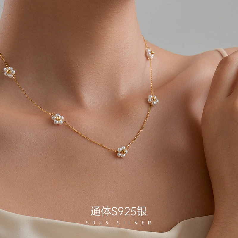 吊坠925银 925纯银散落花朵项链女网红小清新珍珠锁骨链气质颈链