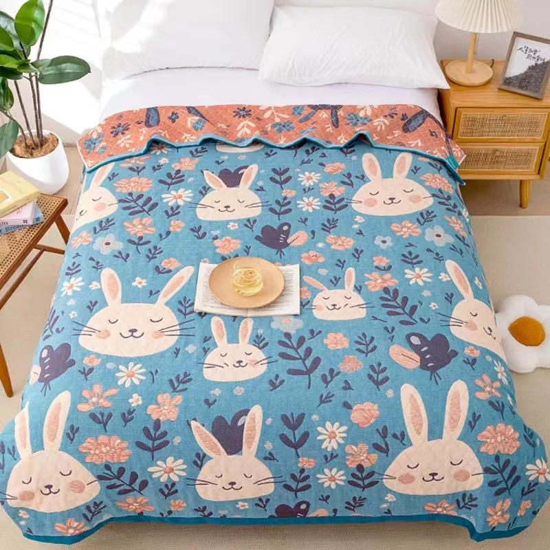 【新疆古丽家纺】兔子蓝1.5*200纱布毛巾被盖毯夏凉被单人多功能