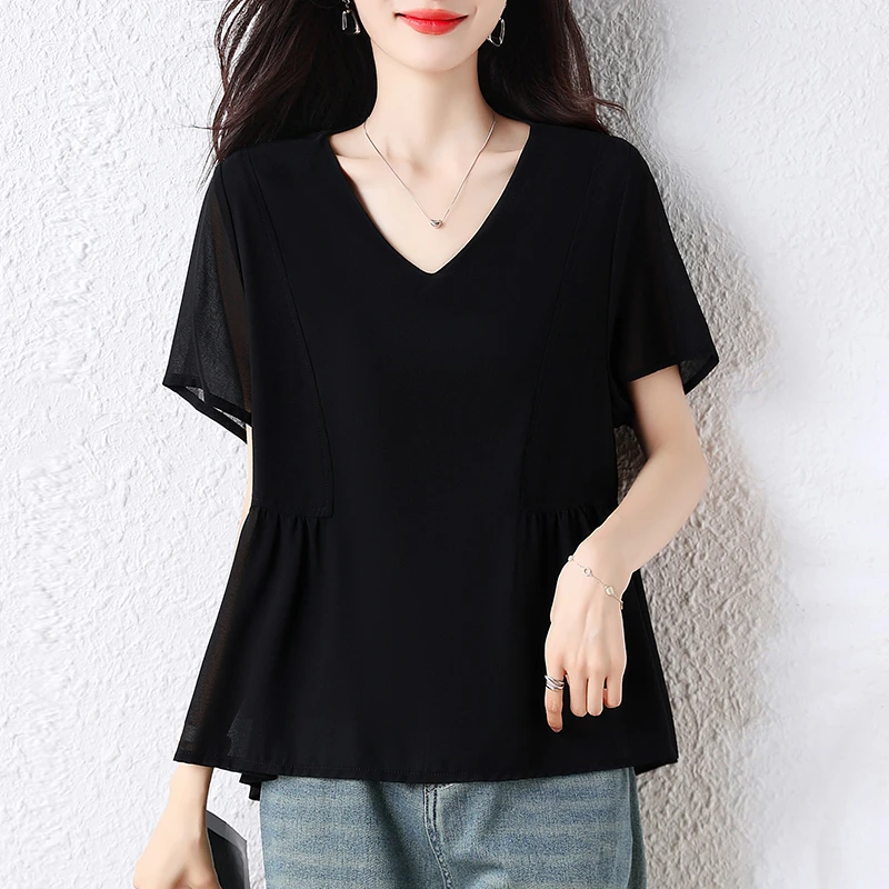 大码黑色短袖女t恤2025夏季新款设计感小众雪纺洋气小衫气质上衣