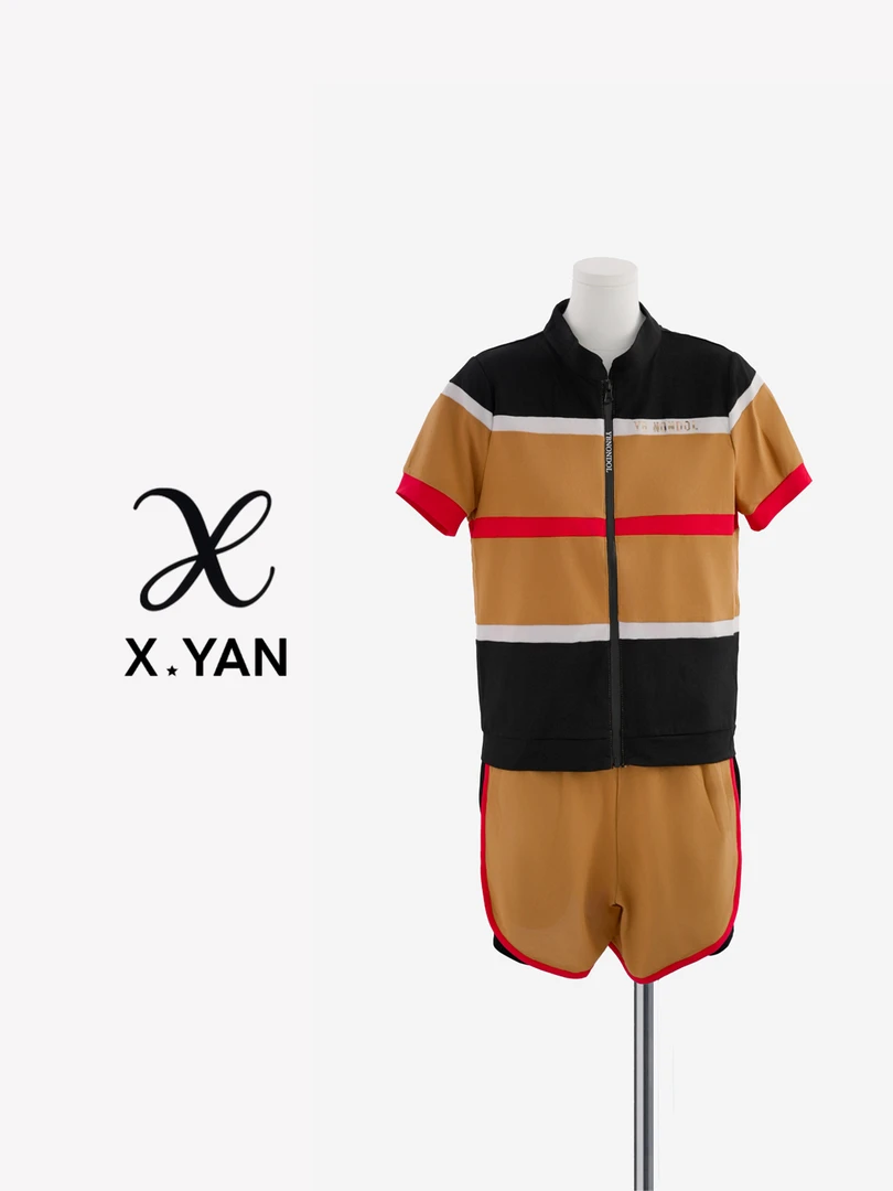 188夏季直筒裤条纹短袖休闲运动套装运动梭织翻领格纹22118