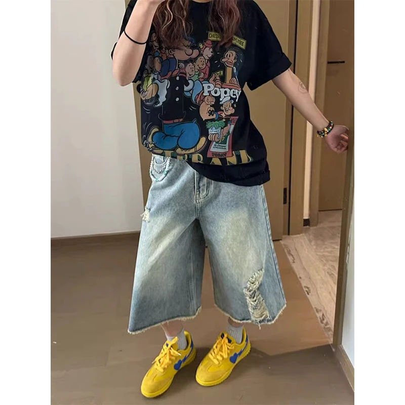 2025夏季新款破洞直筒牛仔七分裤baggy风水洗做旧宽松阔腿中裤女