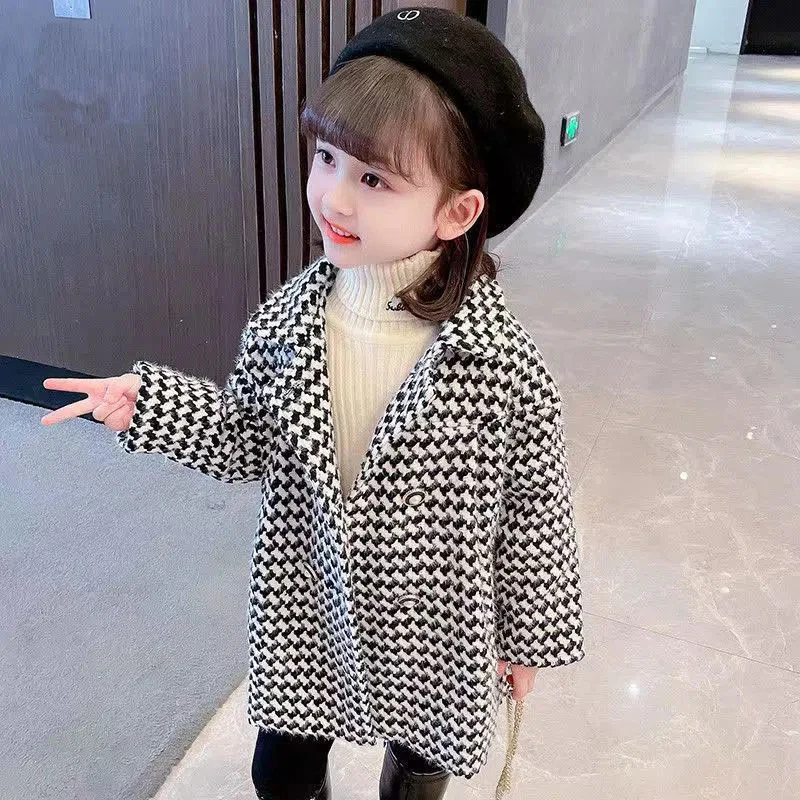 小香风女童春秋季呢大衣2025新款千鸟格韩版炸街中大童半开领外套