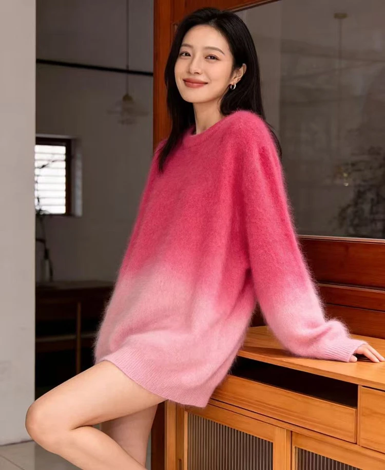 秋冬女宽松拉毛羊毛衫气质渐变色拉绒毛衣时尚拼色慵懒风厚款打底