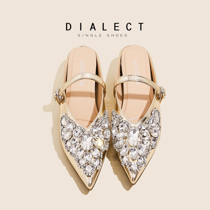 气质尖头凉鞋女2025年新款百搭真皮水钻一脚蹬软底单鞋3333-7