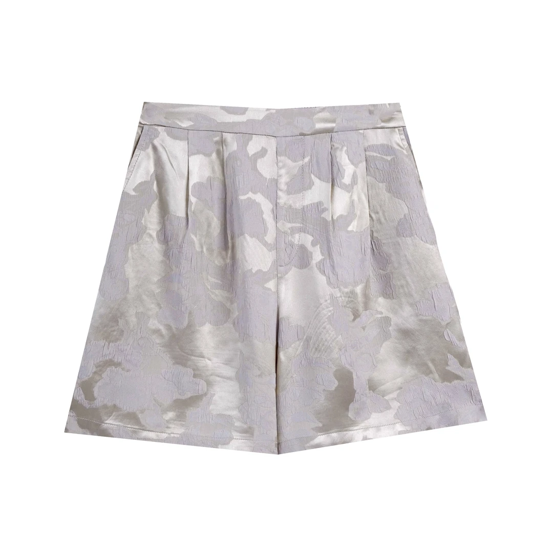 新款桑蚕丝冠乐绉短裤复古印花文艺时尚休闲百搭LW 825077