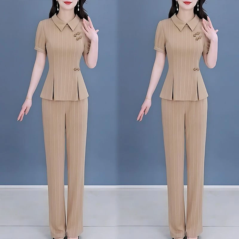 2024年夏季新款气质显瘦国风盘扣条纹短袖上衣微喇叭裤两件套装女