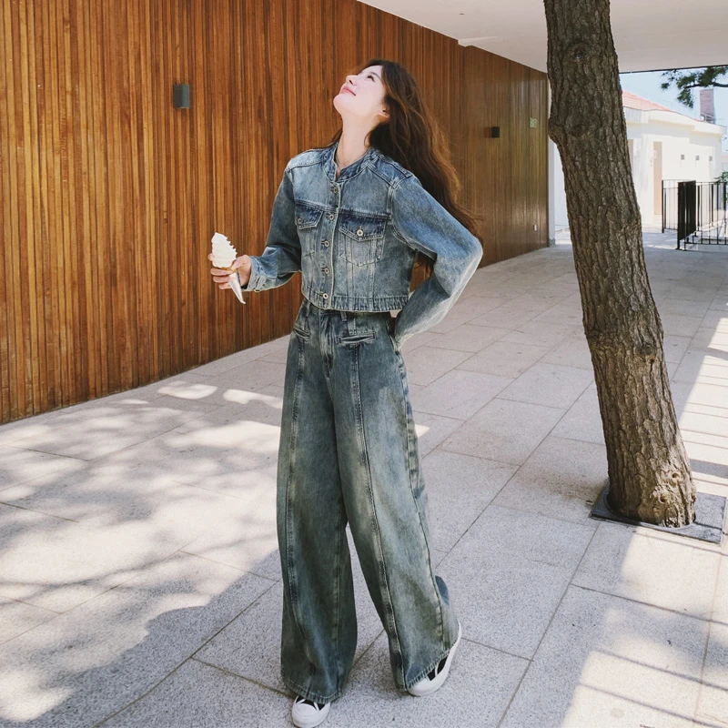 重工牛仔套装裤女2025春秋新款甜酷炸街复古港风氛围感韩系两件套