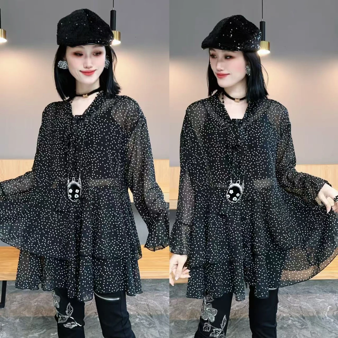 【YJ·高定】2025春夏设计感宽松显瘦波点撞色百搭小衫连衣裙 YY1989