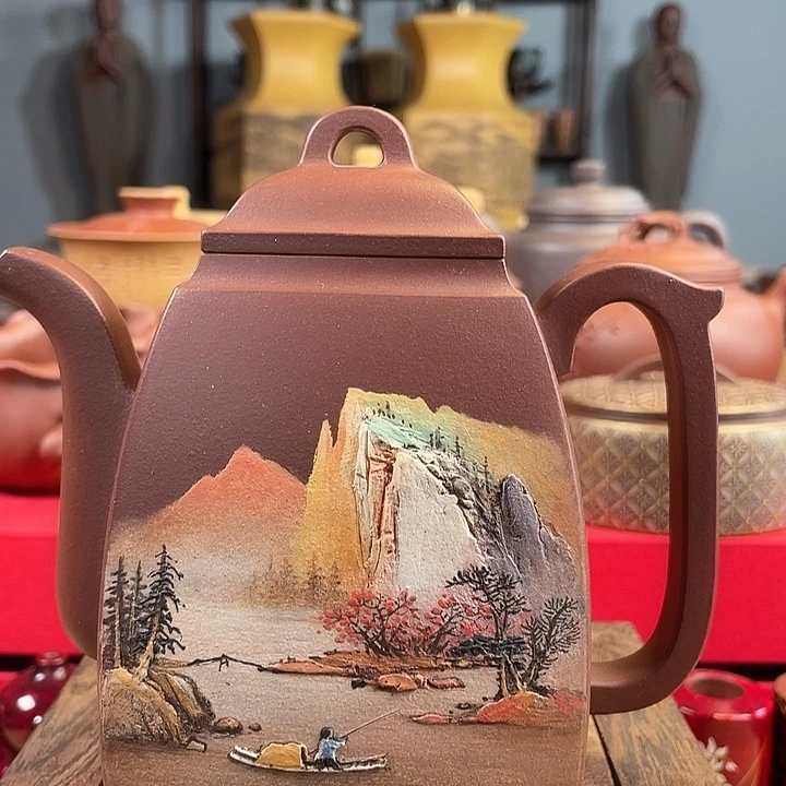 新***忠紫砂茶杯高四方名家泥绘