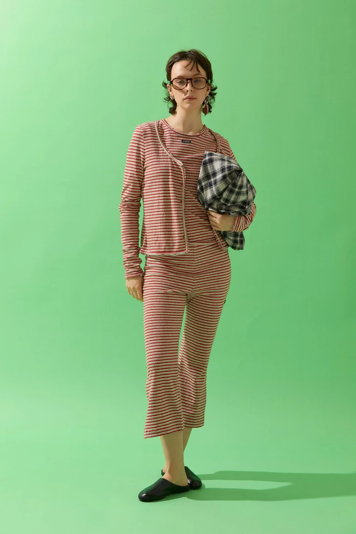 OIIORIRI 设计师品牌 25春夏条纹微弹开叉七分裤