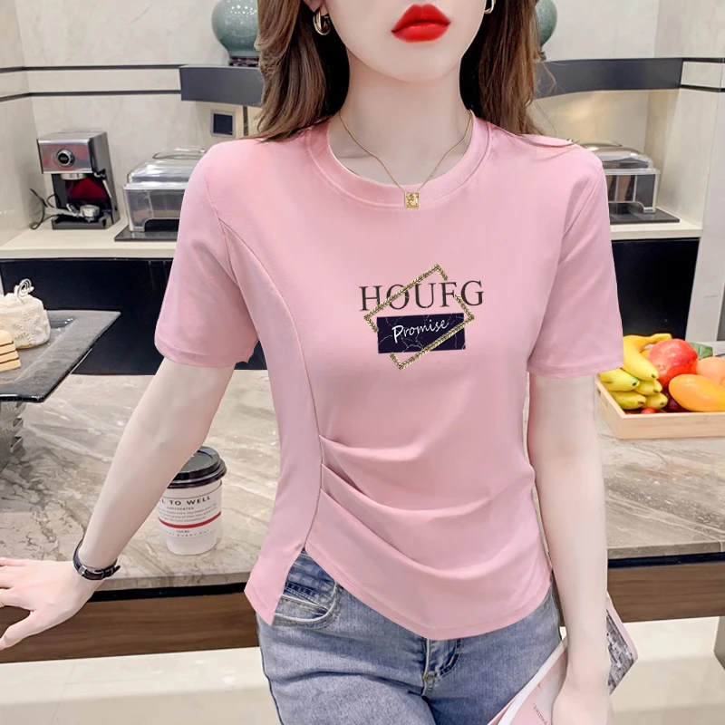 100%纯棉短袖t恤女装褶皱不规则夏季胖短袖女显瘦遮肚子减龄洋气