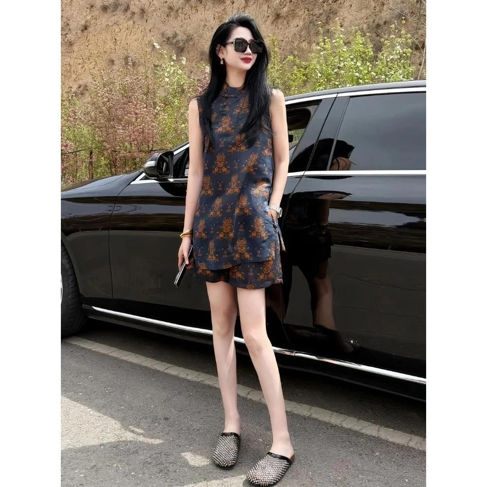新中式国风套装夏季爆款气质好看绝美碎花纯欲慵懒风女装短裤马甲
