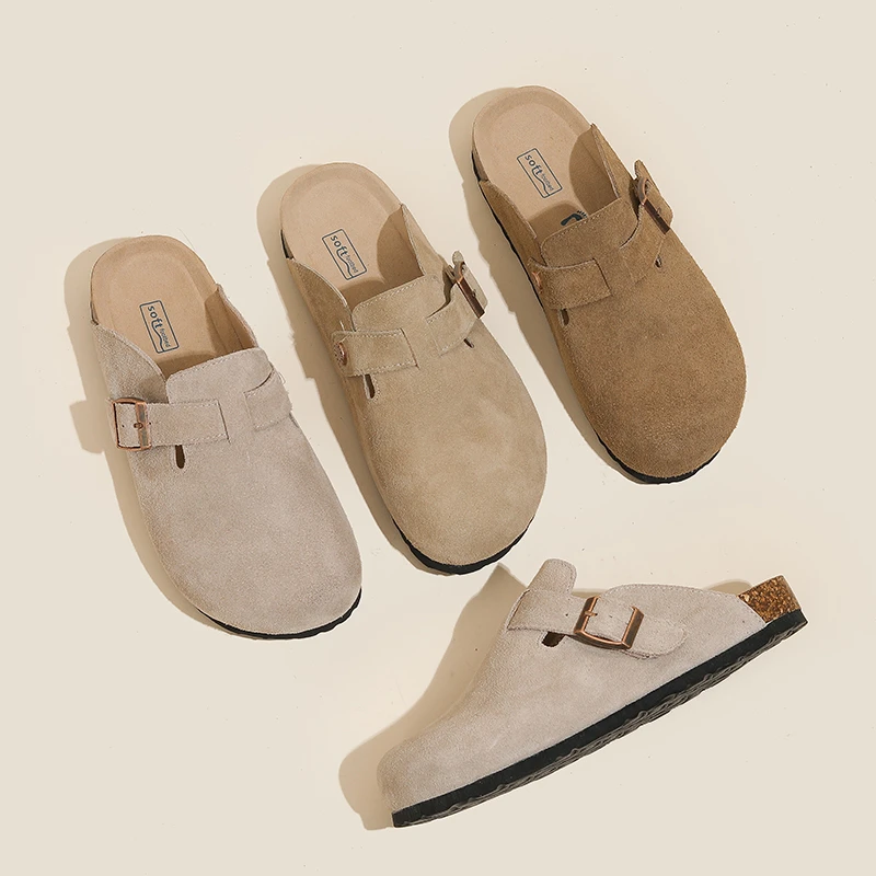 【厂家直销】真皮软底勃肯鞋2025新款牛皮一脚蹬懒人拖鞋女包头半拖