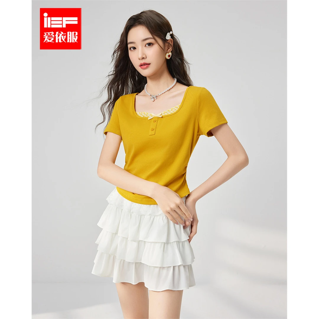 IEF/爱依服T恤2025夏季新款纯欲通勤女人味设计感减龄显白短上衣
