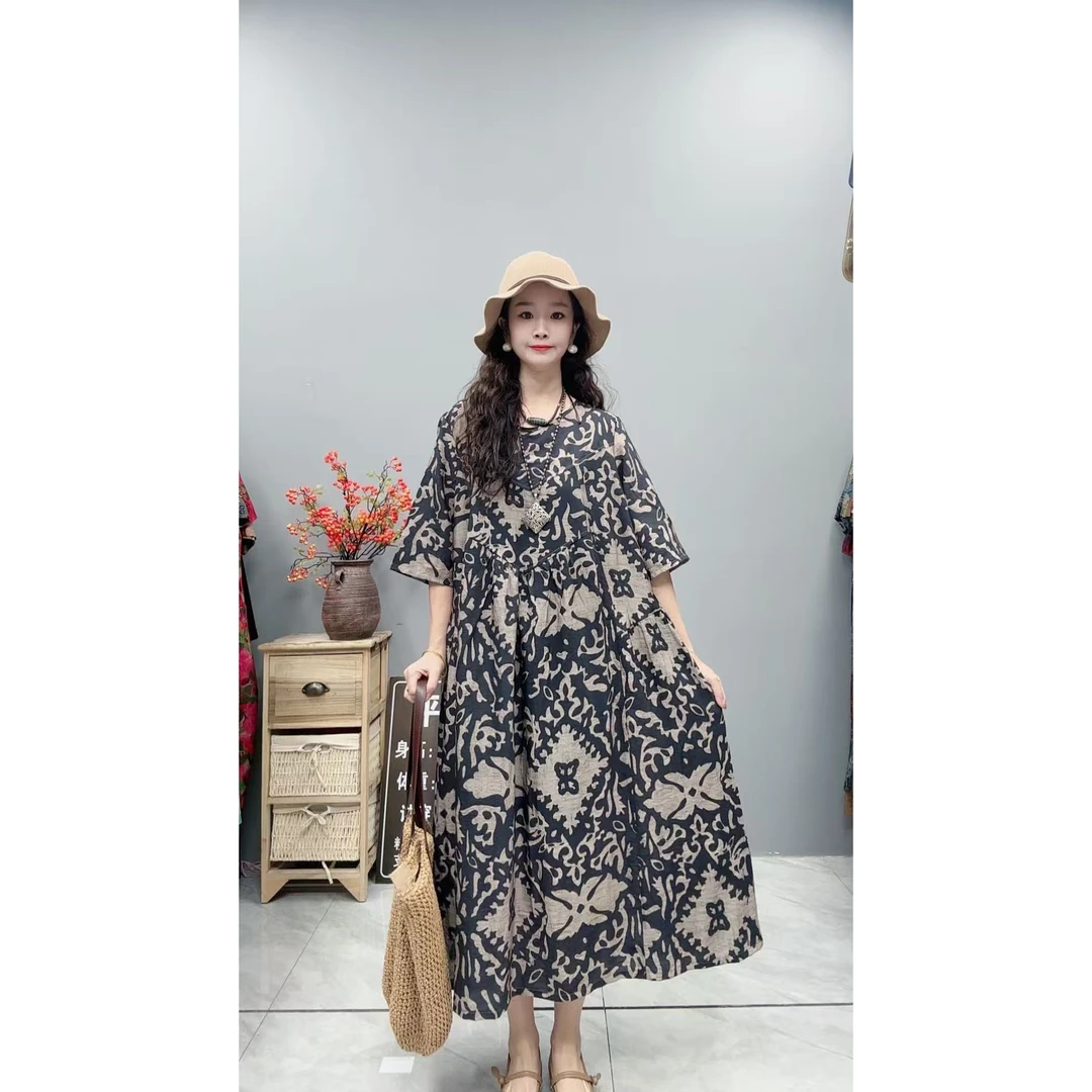 5301夏季新款显瘦气质时尚女百搭休闲文艺复古印花洋气宽松连衣裙