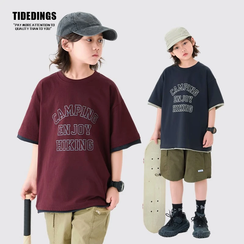 【现】男童新款夏季假两件儿童2025中大童休闲宽松半袖25103