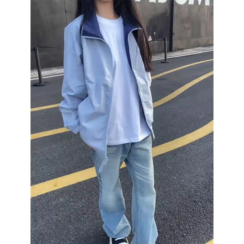 浅蓝色美式立领棒球服外套男款秋季痞帅高级感双拉链情侣运动夹克