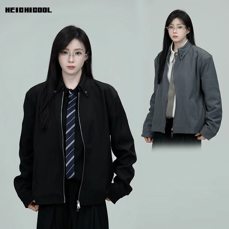 黑迟HEICHI1 2025秋季新款S拉链翻领垫肩夹克美式休