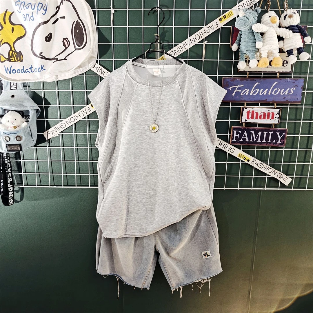 港风落肩无袖背心夏季休闲两件套装男新款潮流男装一套搭配痞帅气